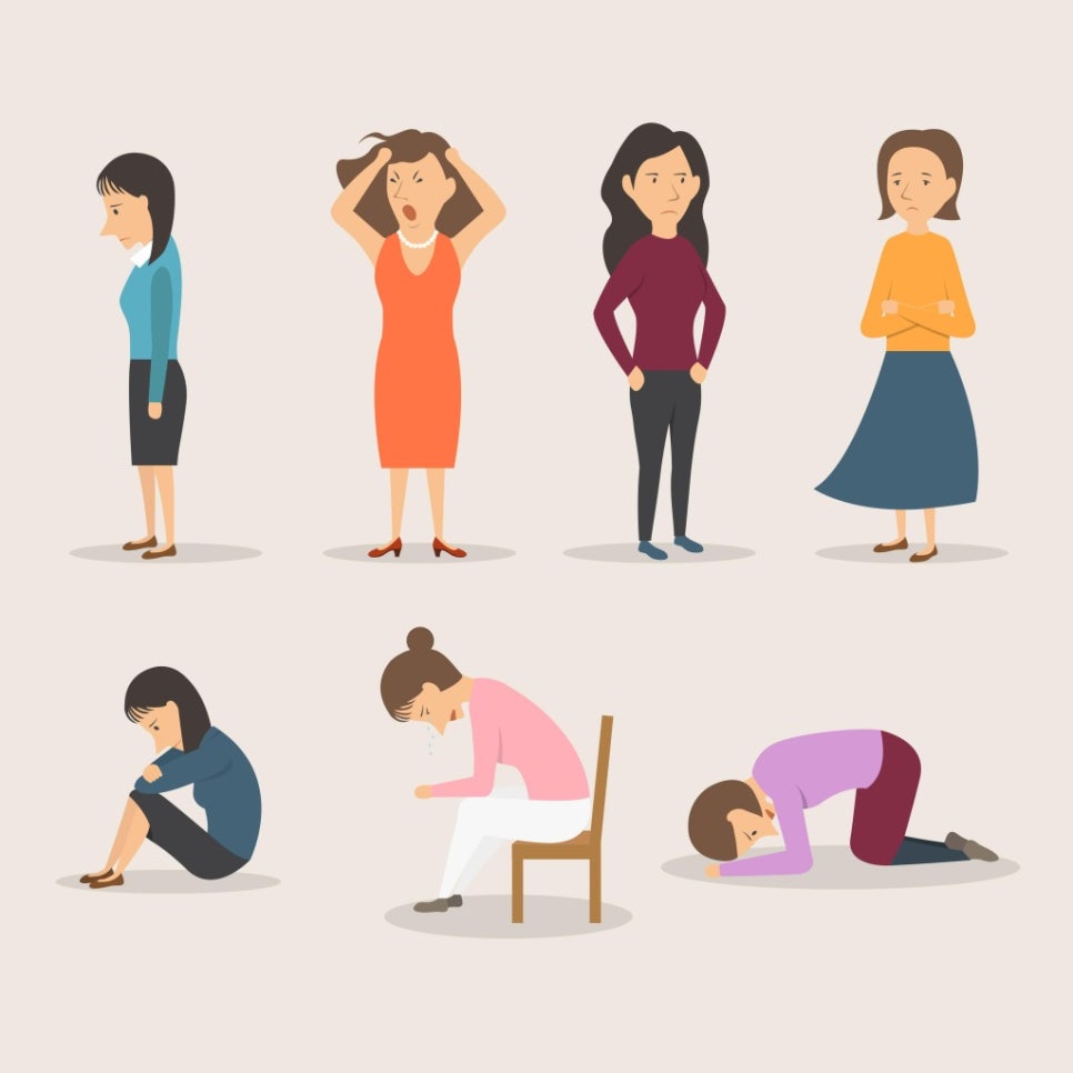 화를 내거나 슬퍼하고 절망하는 등 다양한 부정적인 감정을 표현하고 있는 여성들의 캐릭터 일러스트입니다.