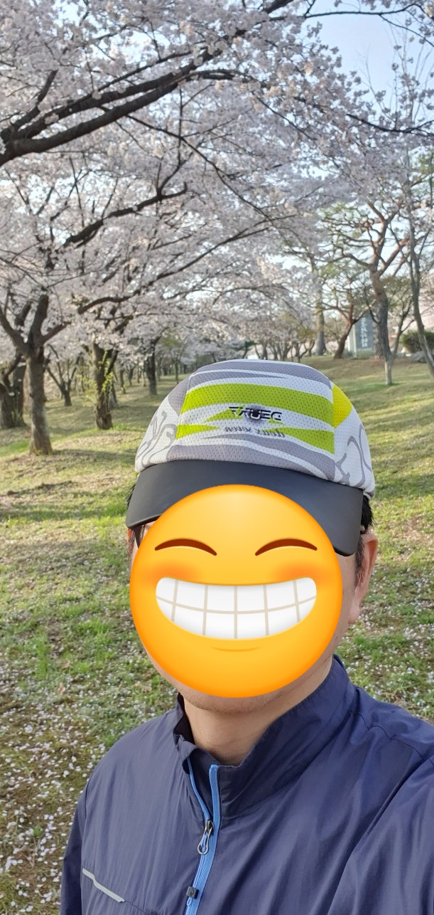 벚꽃이 만개한 공원을 배경으로 모자와 파란색 상의를 입은 사람이 서 있습니다.